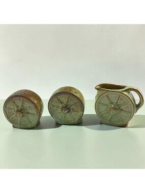 Frankoma Olive Green Vintage Small Pitcher Creamer Syrup - Salt & Pepper Shaker